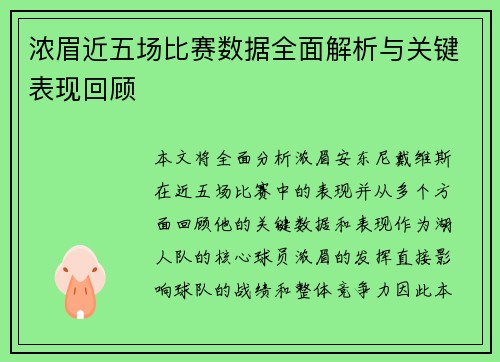 浓眉近五场比赛数据全面解析与关键表现回顾