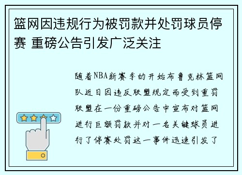 篮网因违规行为被罚款并处罚球员停赛 重磅公告引发广泛关注